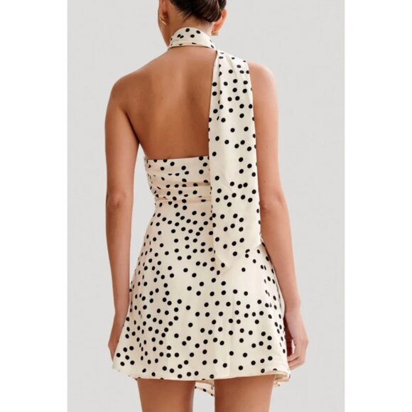 MESHKI Joan Satin Asymmetrical Polka Dot Mini Dress - Picture 2 of 9